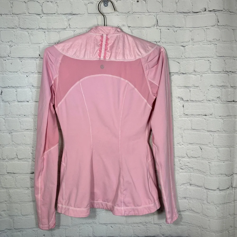 Lululemon Pink Asymmetrical Zip Running Jacket Mesh Ruffle Back Womens Size 6